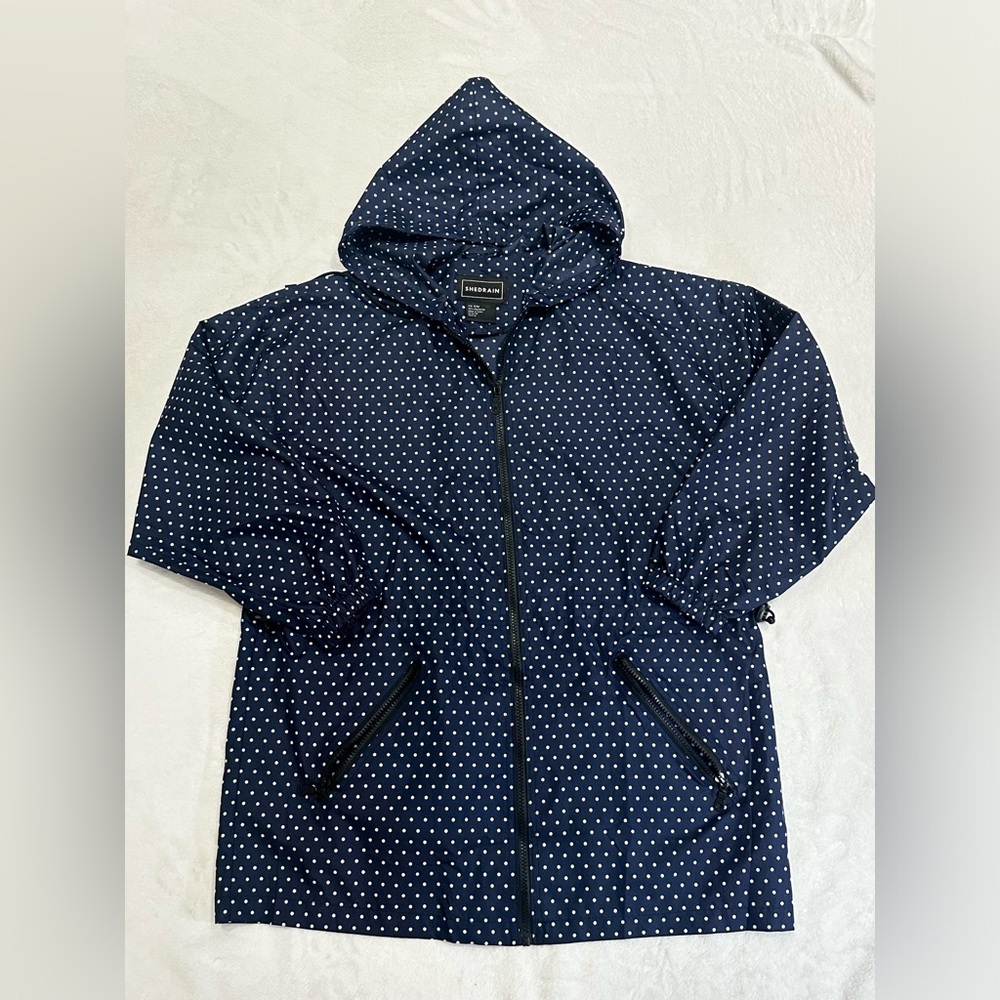 Woman's Rain Essentials by ShedRain Size S/M Nav Polka Dot Rain Jacket